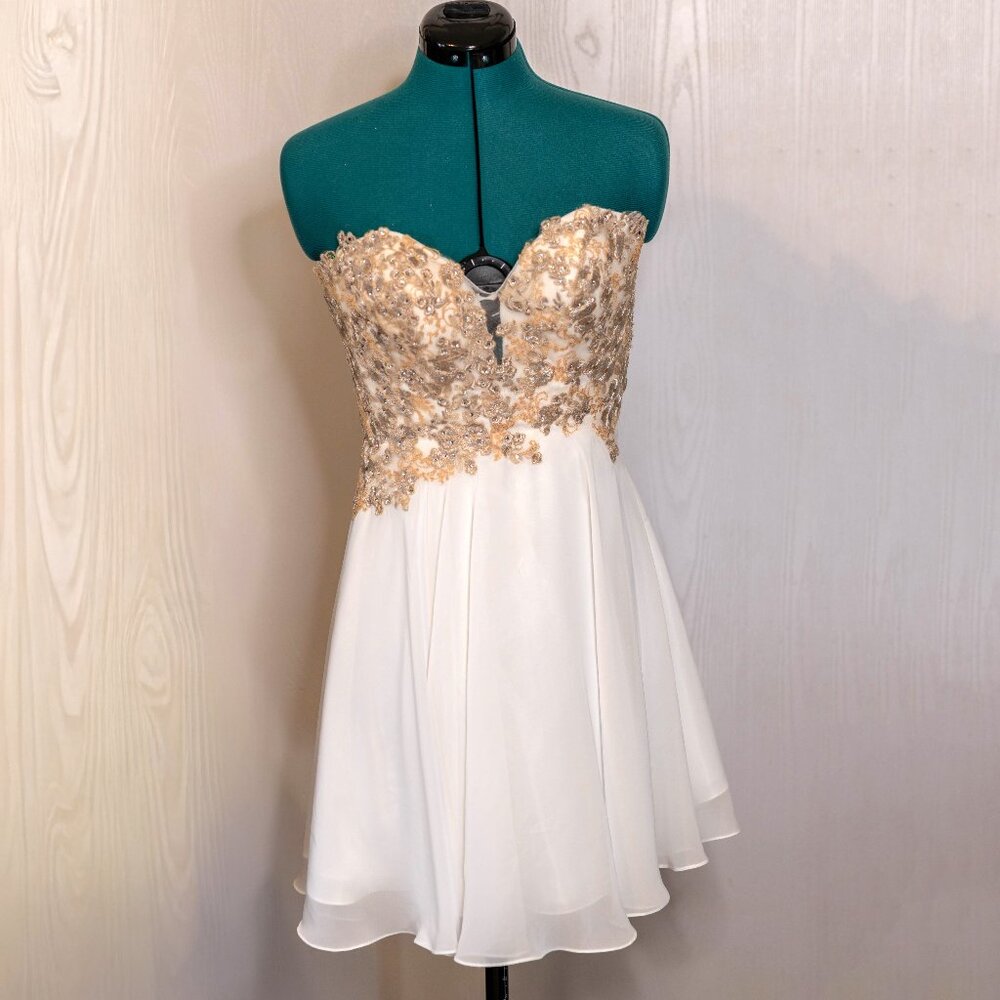 SALE Faviana Gold and White Chiffon Beaded Strapless Mini Formal Dress - Size 0